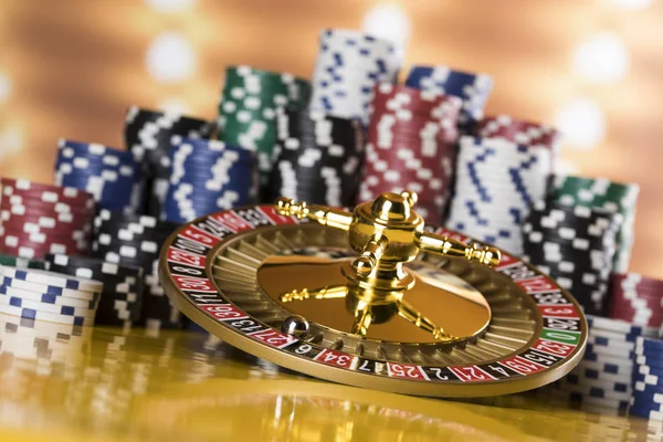 Poker Chips Gaming Table Roulette Wheel Motion Casino Background — Stock Photo, Image