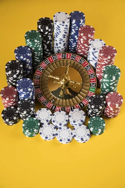 Poker Chips Gaming Table Roulette Wheel Motion Casino Background — Stock Photo, Image