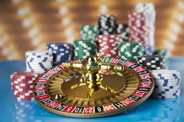 Poker Chips Spelbordet Roulette Hjul Rörelse Kasino Bakgrund — Stockfoto