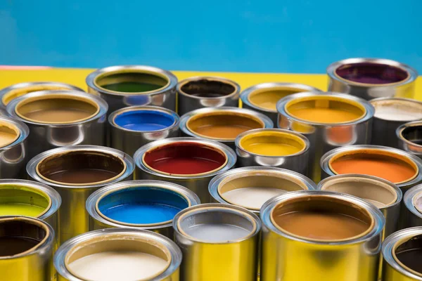 Open Cans Paint Blue Background — Stock Photo, Image