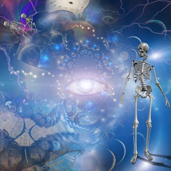 Surreal Composition Melting Clocks Eye God Skeletons Endless Dimensions — Stock Photo, Image