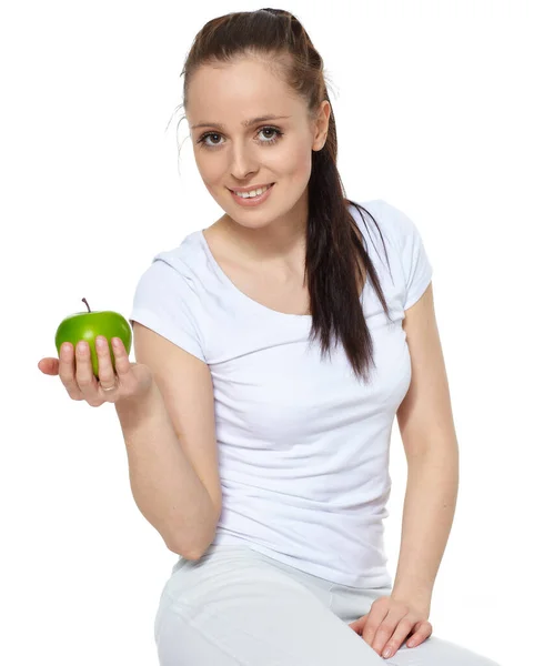 Sporty Young Woman Scales Fresh Peppers Apple White Background Concept — 图库照片