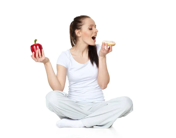 Young Beautiful Woman Fresh Pepper Doughnut White Background Concept Healthy — Stock Photo, Image