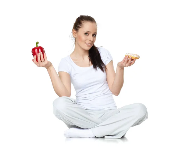 Young Beautiful Woman Fresh Pepper Doughnut White Background Concept Healthy — 图库照片