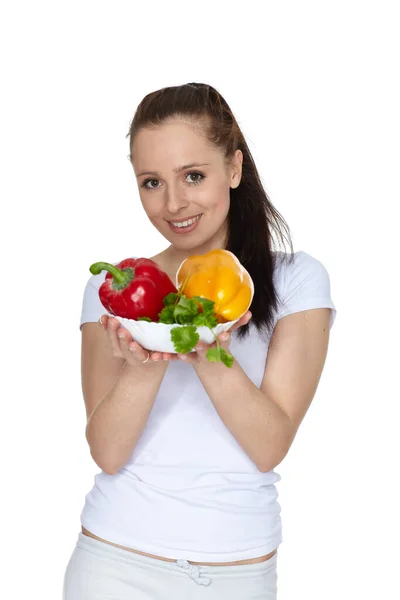 Ung Vacker Kvinna Med Färska Grönsaker Vit Bakgrund Begreppet Hälsosam — Stockfoto