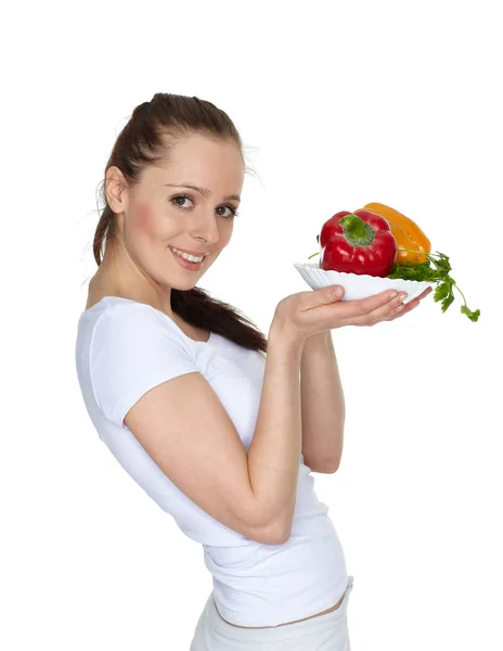 Młoda Piękna Kobieta Świeżymi Warzywami Białym Tle Pojęcie Zdrowej Żywności — Zdjęcie stockowe