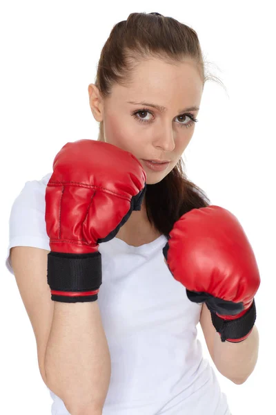 Sportieve Jonge Vrouw Rood Vechthandschoenen Een Witte Achtergrond — Stockfoto