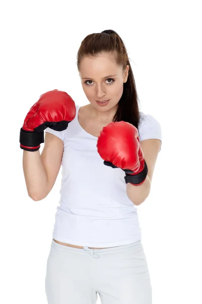 身披红色战斗手套 身披白色背景的胖胖的年轻女子 — 图库照片