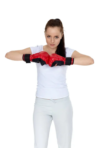 Mujer Joven Deportiva Con Guantes Combate Rojos Sobre Fondo Blanco —  Fotos de Stock