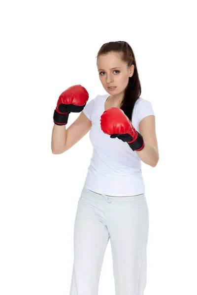 Desportivo Jovem Mulher Vermelho Luvas Luta Fundo Branco — Fotografia de Stock