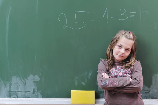 Happy School Girl Math Classes Finding Solution Solving Problems — Stock Photo, Image