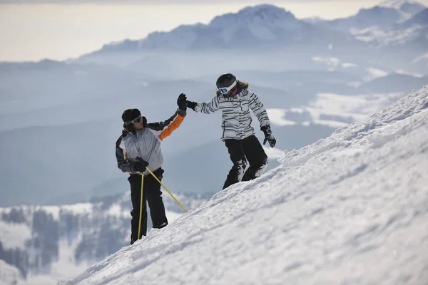 Happy Couple Drivingand Relaxing Snowboard Ski Winter Seasson Mountain — Stock Photo, Image