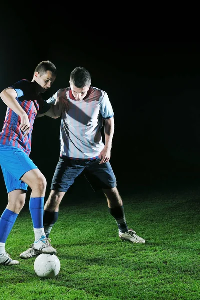 Competição Corrida Ação Salto Duelo Jogadores Futebol Estádio Futebol Noite — Fotografia de Stock