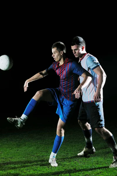 Competição Corrida Ação Salto Duelo Jogadores Futebol Estádio Futebol Noite — Fotografia de Stock