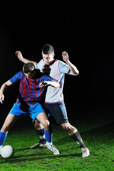 Competição Corrida Ação Salto Duelo Jogadores Futebol Estádio Futebol Noite — Fotografia de Stock
