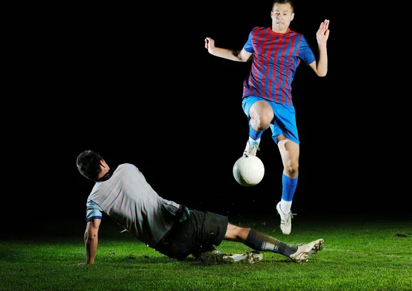 Competencia Acción Correr Saltar Duelo Futbolistas Estadio Fútbol Por Noche — Foto de Stock