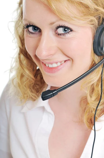 Young Beautiful Business Woman Headset Phone Customer Solution Info Service — Stock Photo, Image