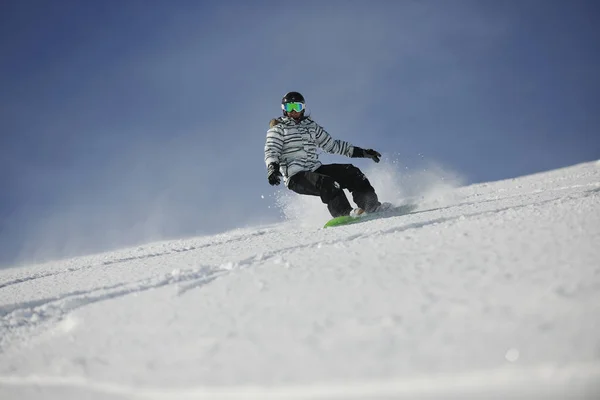 Snowboard Woman Racing Downhill Slope Freeride Powder Snow Winter Season — 스톡 사진