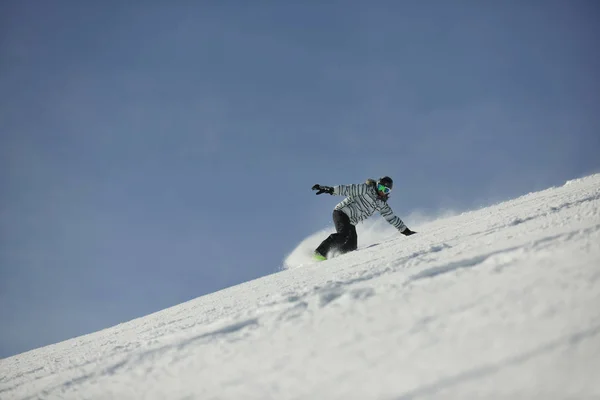 Snowboard Mulher Corrida Declive Freeride Neve Temporada Inverno Dia Ensolarado — Fotografia de Stock