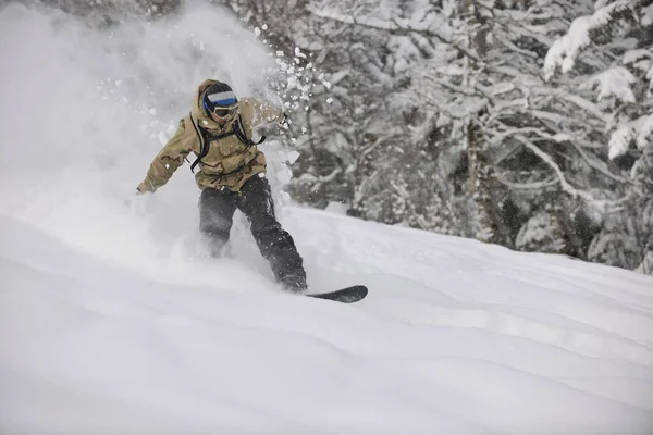 Freestyle Snowboardåkare Hoppa Och Rida Fri Stil Solig Vinterdag Berget — Stockfoto