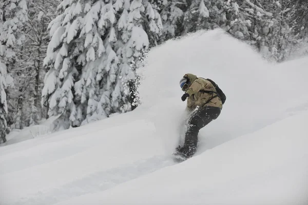 Freestyle Snowboarder Springen Rijden Gratis Stijl Zonnige Winterdag Berg — Stockfoto