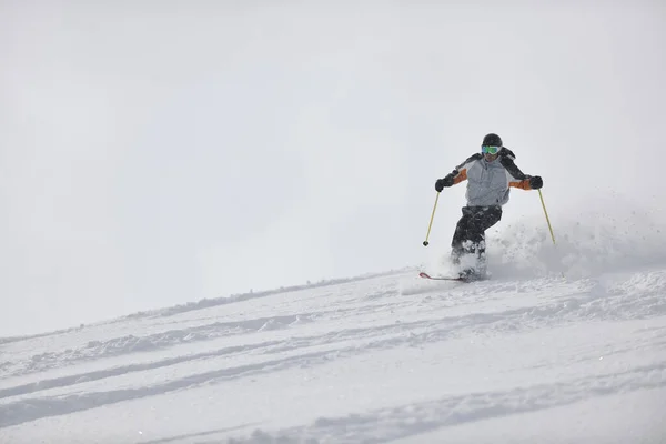 Man Ski Free Ride Downhill Winter Season Beautiful Sunny Day — Stock Photo, Image