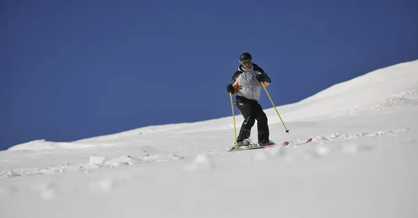 Man Ski Free Ride Downhill Winter Season Beautiful Sunny Day — Stock Photo, Image