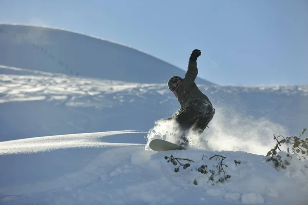 Freestyle Snowboarder Salto Cavalcare Stile Libero Soleggiata Giornata Invernale Montagna — Foto Stock