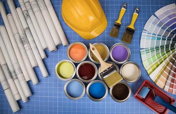 Boya Fırçası Teneke Kutu Renk Kılavuzu Örnekleri Mavi Arka Plan Telifsiz Stok Imajlar