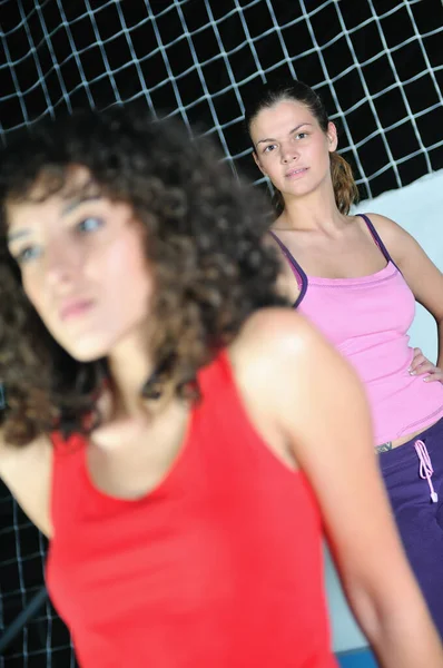 Two Women Work Out Streaching Fitness Club — Stock Photo, Image