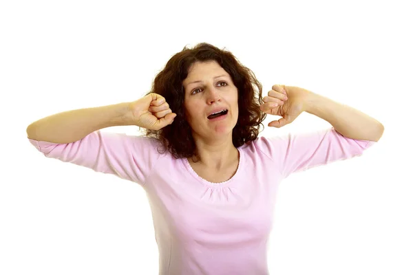 Young Woman Brown Hair Stretches Isolated White Background Studio Shot — Stock Photo, Image