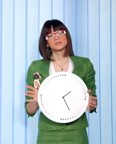 Pretty Business Woman Hiding Clock — Stock Photo, Image