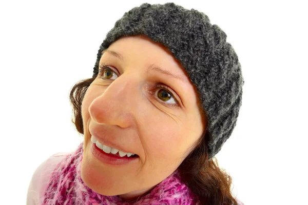 Young Brown Haired Woman Wool Cap Makes Funny Facial Expression — Stock Photo, Image