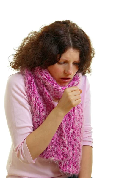 Coughing Woman Isolated White Background Studio Shot Adobe Rgb — Stock Photo, Image