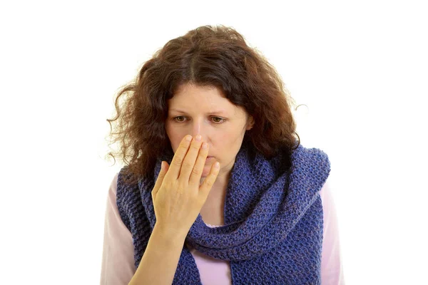 Young Brown Haired Woman Wool Scarf Sniffs Hand Isolated White — Stock Photo, Image