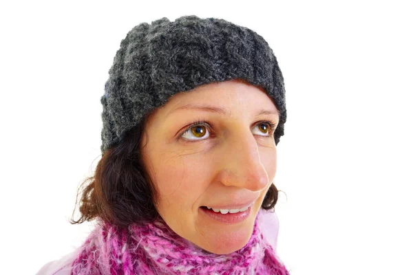Young Brown Haired Woman Wool Cap Makes Funny Facial Expression — Stock Photo, Image