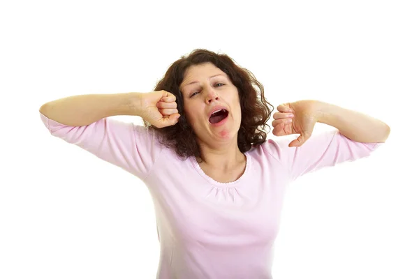 Young Woman Brown Hair Yawns Stretches Isolated White Background Studio — Stock Photo, Image