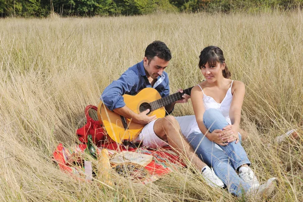 Happy Young Couple Enjoying Picnic Countryside Field Have Good Time — Stock Photo, Image