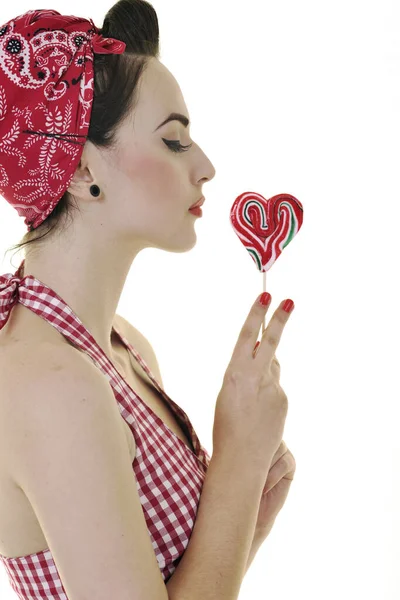 Mujer Joven Feliz Con Caramelo Lollipo Aislado Blanco —  Fotos de Stock