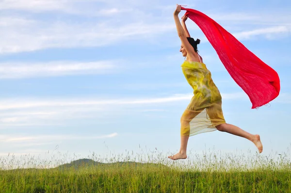 Beautiful Young Healthy Woman Run Jump Meadow Sunny Day Red — Stock Photo, Image