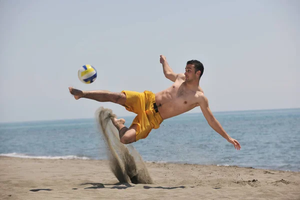 Voleibol Playa Masculino Jugador Juego Saltar Sobre Arena Caliente — Foto de Stock