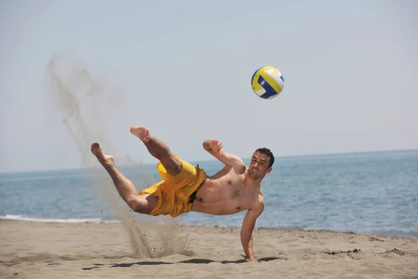 Male Beach Volleyball Game Player Jump Hot Sand — Stock Photo, Image