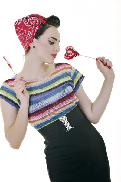 Mujer Joven Feliz Con Caramelo Lollipo Aislado Blanco —  Fotos de Stock