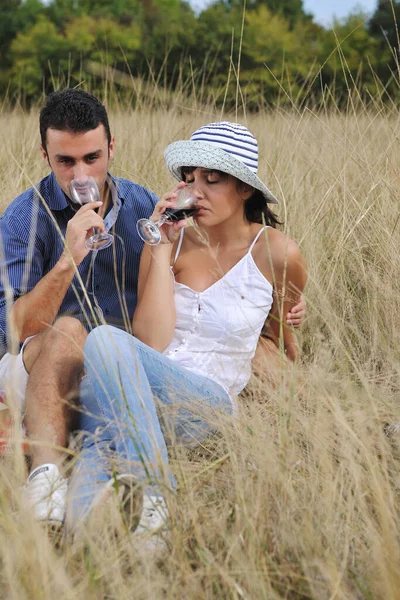 Feliz Jovem Casal Desfrutando Piquenique Campo Campo Ter Bom Tempo — Fotografia de Stock