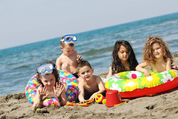 Happy Child Group Have Fun Beach While Playing Toys Running — Stock Photo, Image