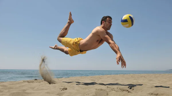 Male Beach Volleyball Game Player Jump Hot Sand — Stock Photo, Image