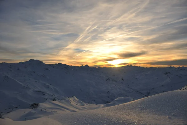 Pôr Sol Fresco Neve Estação Esqui France Val Thorens — Fotografia de Stock