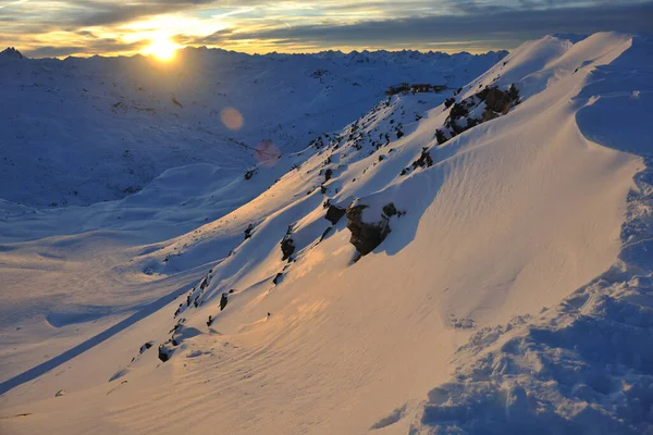 Pôr Sol Fresco Neve Estação Esqui France Val Thorens — Fotografia de Stock