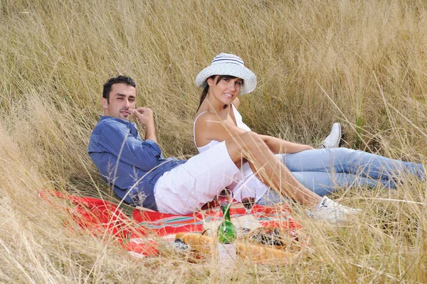 Happy Young Couple Enjoying Picnic Countryside Field Have Good Time Stock Photo