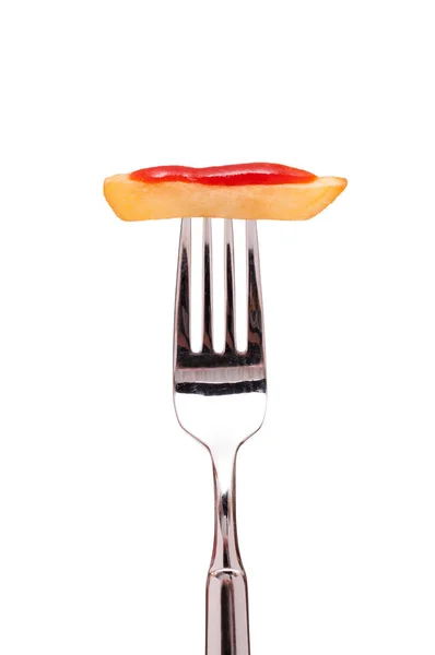 Witte Patat Met Rode Ketchup Een Vork — Stockfoto